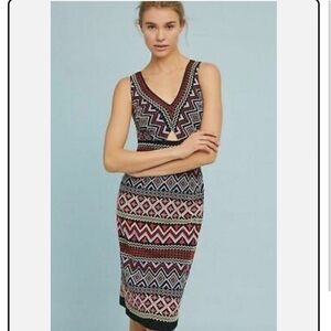 Anthropologie Geo Woven Deep V Knee Length Dress